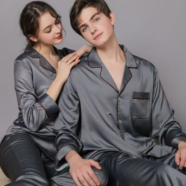 Spring autumn couple silk pajama set homewear