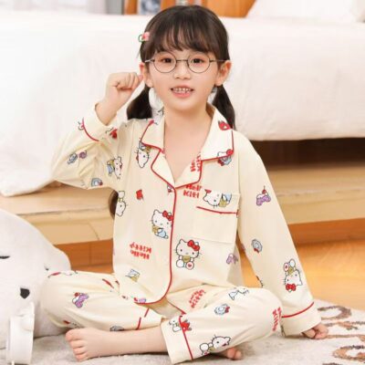 Spring autumn long sleeve cute cardigan girls cotton pajama set