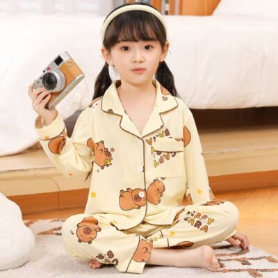Spring autumn long sleeve cute cardigan girls cotton pajama set