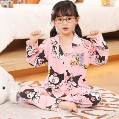 Spring autumn long sleeve cute cardigan girls cotton pajama set