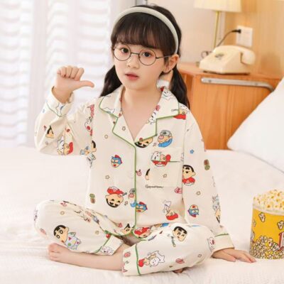 Spring autumn long sleeve cute cardigan girls cotton pajama set