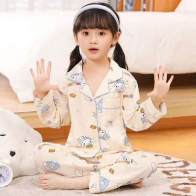 Spring autumn long sleeve cute cardigan girls cotton pajama set