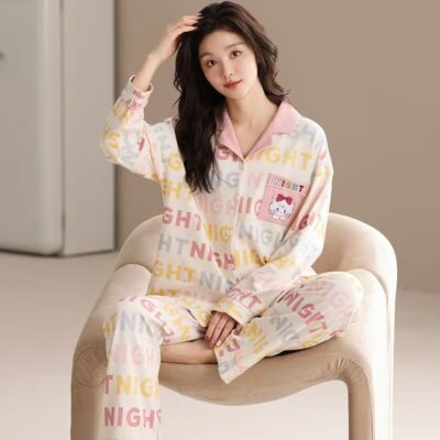 Spring autumn long sleeve cute cardigan women cotton pajamas