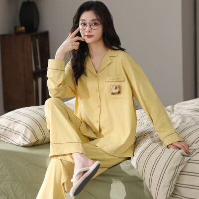 Spring autumn long sleeve cute cardigan women cotton pajamas