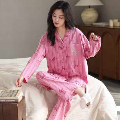 Spring autumn long sleeve cute cardigan women cotton pajamas