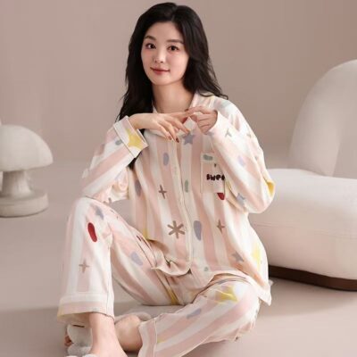Spring autumn long sleeve cute cardigan women cotton pajamas