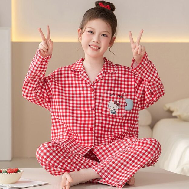 Cute cartoon long sleeve spring autumn girls cotton pajama set