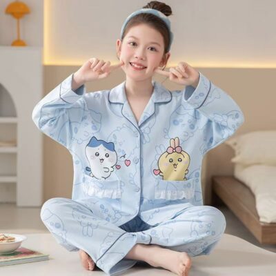 Cute cartoon long sleeve spring autumn girls cotton pajama set