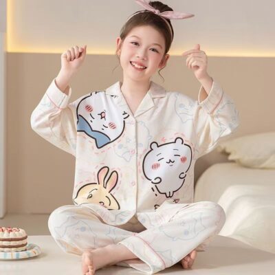 Cute cartoon long sleeve spring autumn girls cotton pajama set