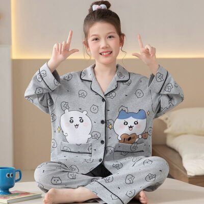 Cute cartoon long sleeve spring autumn girls cotton pajama set
