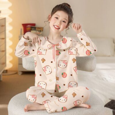 Cartoon doll collar long sleeve girls cotton pajama set