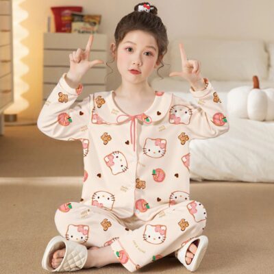 Cartoon doll collar long sleeve girls cotton pajama set