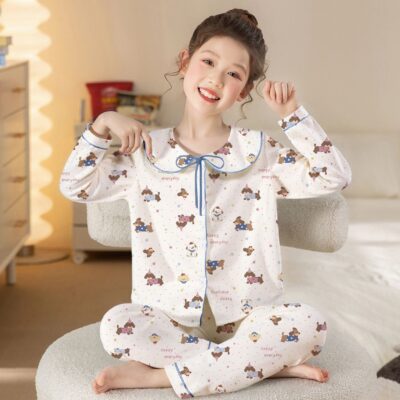 Cartoon doll collar long sleeve girls cotton pajama set