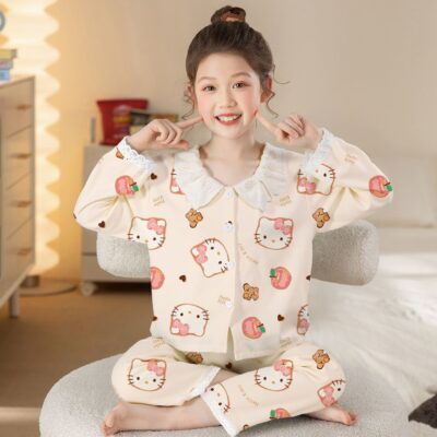 Cartoon doll collar long sleeve girls cotton pajama set