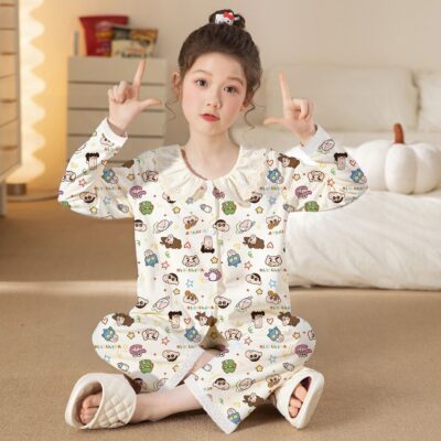 Cartoon doll collar long sleeve girls cotton pajama set
