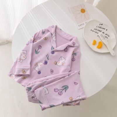 Long sleeve cardigan kids cotton pajama set