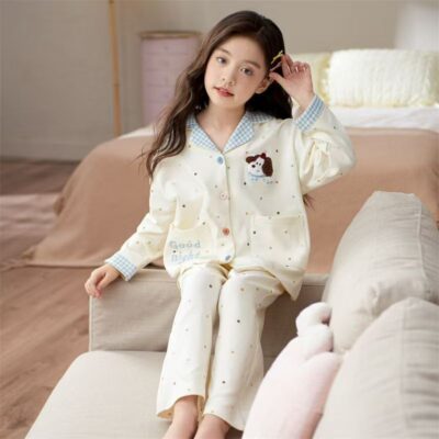 Best-selling spring autumn long sleeve cardigan girls cotton pajama set