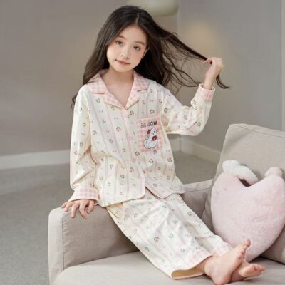 Best-selling spring autumn long sleeve cardigan girls cotton pajama set