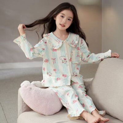 Best-selling spring autumn long sleeve cardigan girls cotton pajama set
