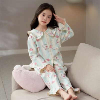 Best-selling spring autumn long sleeve cardigan girls cotton pajama set