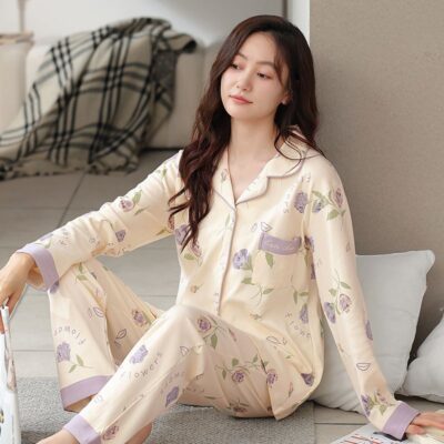 Casual homewear long sleeve spring autumn cotton pajamas