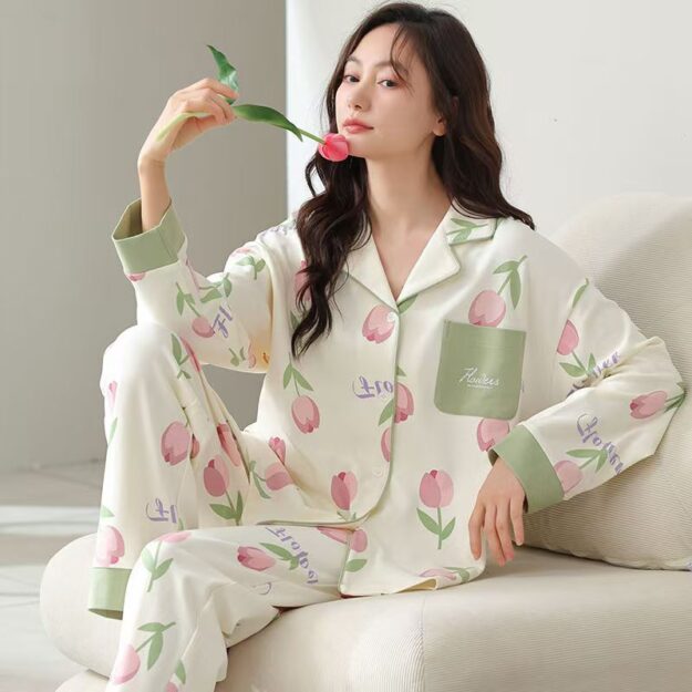 Casual homewear long sleeve spring autumn cotton pajamas