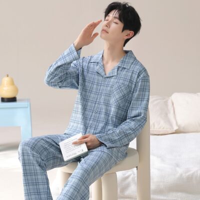 Spring autumn long sleeve plaid men cotton pajama set