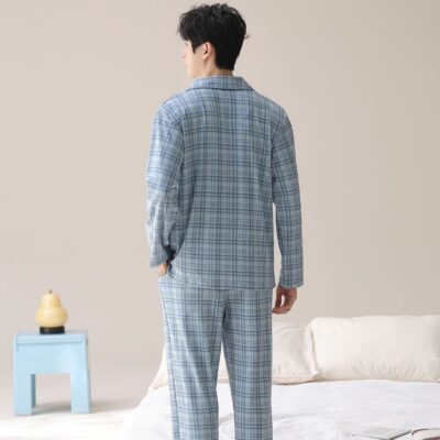 Spring autumn long sleeve plaid men cotton pajama set