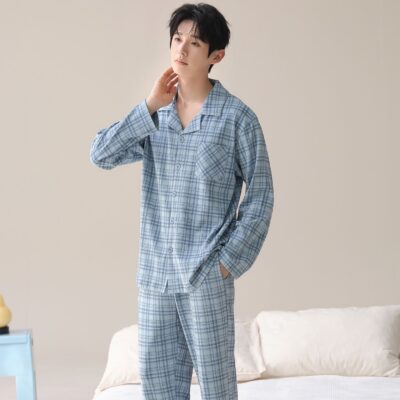 Spring autumn long sleeve plaid men cotton pajama set