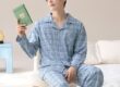 Spring autumn long sleeve plaid men cotton pajama set