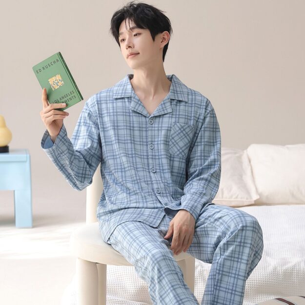 Spring autumn long sleeve plaid men cotton pajama set