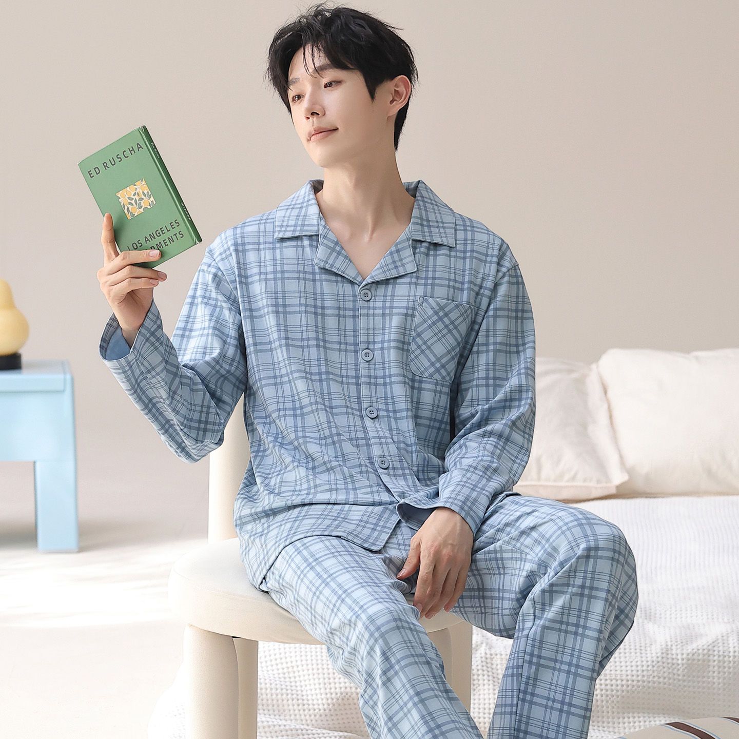 Spring autumn long sleeve plaid men cotton pajama set