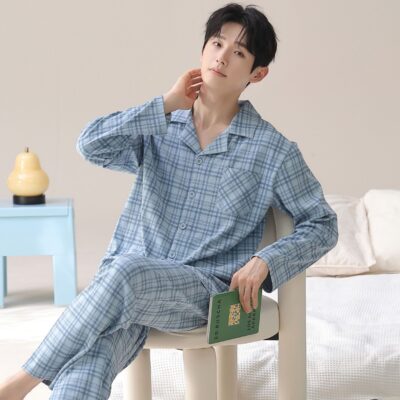 Spring autumn long sleeve plaid men cotton pajama set