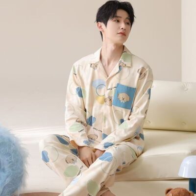 Spring autumn men cotton cardigan pajama set