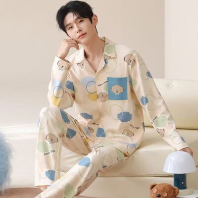 Spring autumn men cotton cardigan pajama set