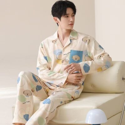 Spring autumn men cotton cardigan pajama set