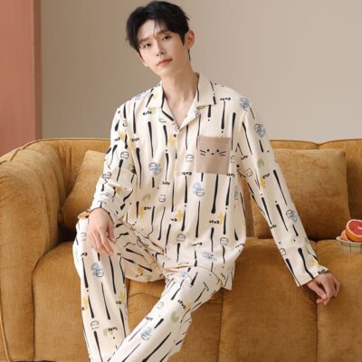 Spring autumn men cotton cardigan pajama set