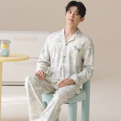 Spring autumn men cotton cardigan pajama set