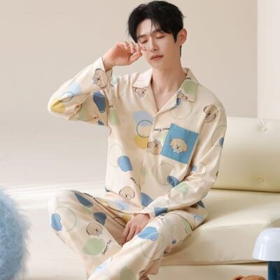 Spring autumn men cotton cardigan pajama set