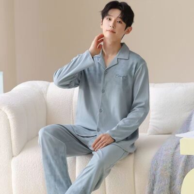 Spring autumn men cotton cardigan pajama set