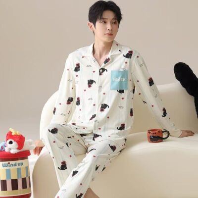 Spring autumn men cotton cardigan pajama set