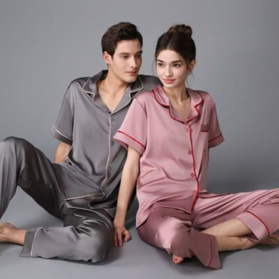 Spring summer solid color short sleeve silk pajama set for couples