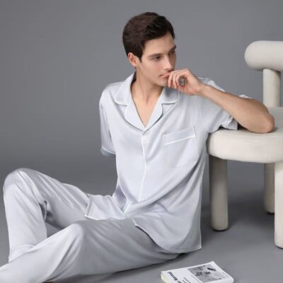 Spring summer solid color short sleeve silk pajama set for couples