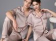 Spring summer solid color short sleeve silk pajama set for couples