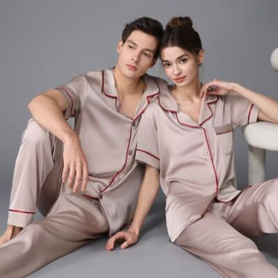 Spring summer solid color short sleeve silk pajama set for couples