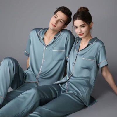 Spring summer solid color short sleeve silk pajama set for couples