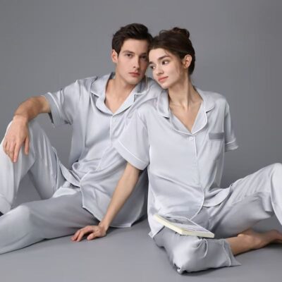 Spring summer solid color short sleeve silk pajama set for couples