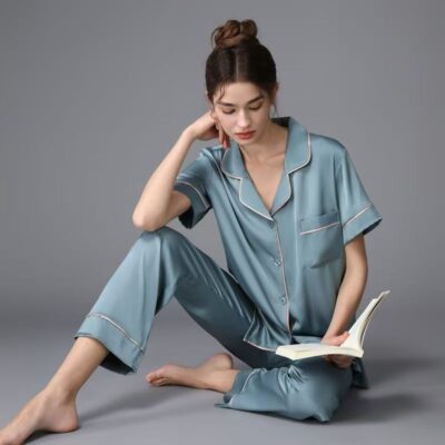 Spring summer solid color short sleeve silk pajama set for couples