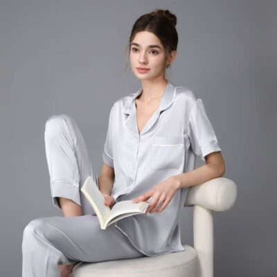 Spring summer solid color short sleeve silk pajama set for couples