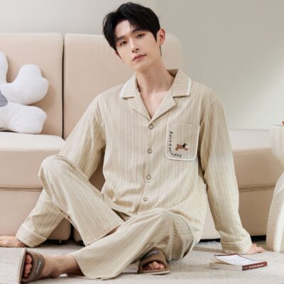 Minimalist fashion cardigan men cotton pajama set